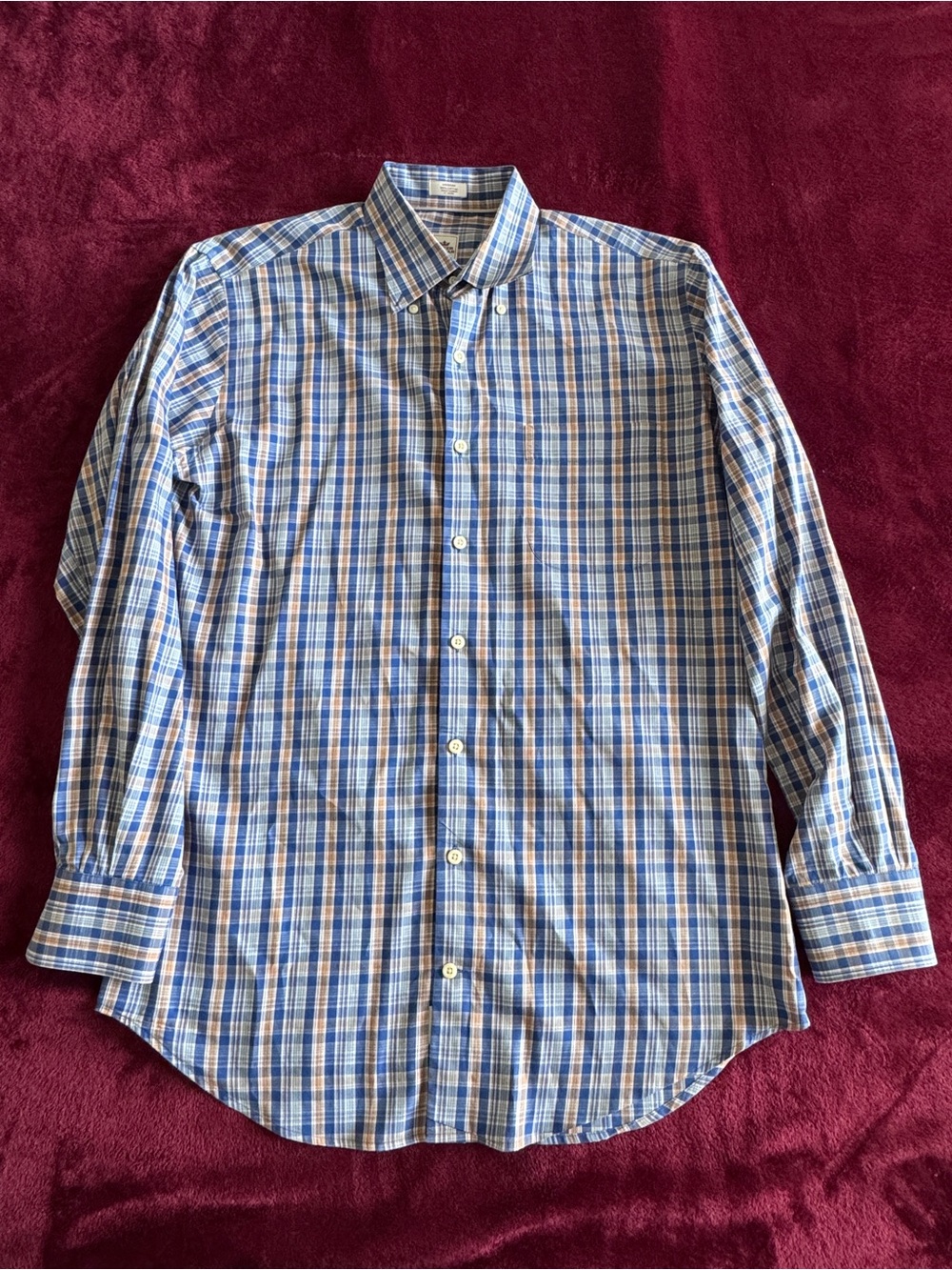 Peter Millar Mens Size M Medium Blue Beige Plaid Long Sleeve Button Down Shirt